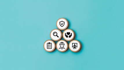 A minimalist icon design arranged in a triangular pyramid shape on a light turquoise background