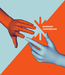 Template for an invitation to a business event, conference or workshop. Hands reaching towards each other. Concept of human relation, togetherness or partnership. Vector for flyer, cover or brochure.