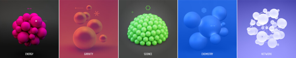 Molecule. A sphere of small balls. Concepts of chemical investigation, diagram of structure of molecule. A group of atoms. Scientific illustration. 3D vector for brochure, poster, presentation, flyer.