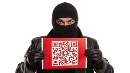 thief with mask holding dangerous QR code