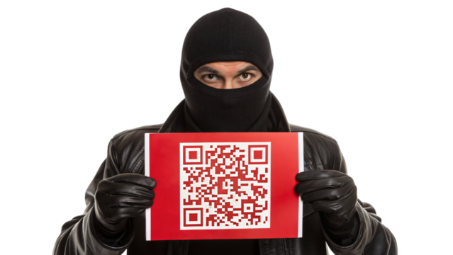 thief with mask holding dangerous QR code