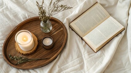 Fototapeta premium Cozy Relaxation Scene with Lit Candles Book and Dried Flowers on Wooden Tray