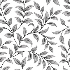 Fototapeta premium Vintage Engraved Black Leaf Vines on White Seamless Pattern