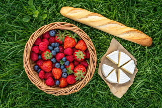 Basket of fresh strawberries, raspberries, blueberries, sliced soft cheese, and baguette on green grass, perfect for summer picnic