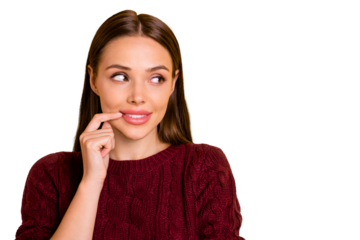 Close up photo of concentrated lady considering consequences of her actions while isolated with yellow background