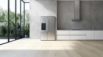 Modern kitchen with stainless steel fridge, concrete walls, and hardwood floors