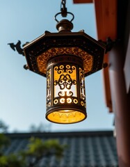 Illuminated Asian Lantern Hanging Outdoors