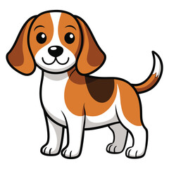 An adorable young purebred beagle dog puppy with brown and white fur is sitting and looking at the viewer, isolated on a white background