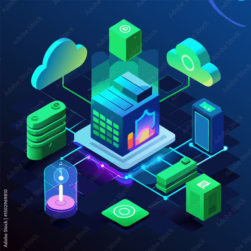 Poster isometric 3d city architecture illustrates a cloud computing network with interconnected buildings, 