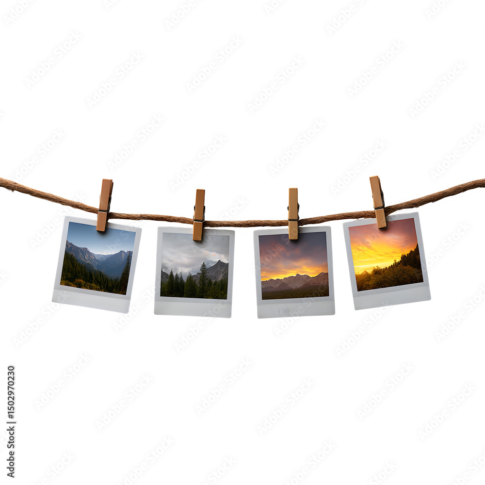 Poster four polaroid-style photos clipped to a twine string with wooden clothespins isolated on a transpare