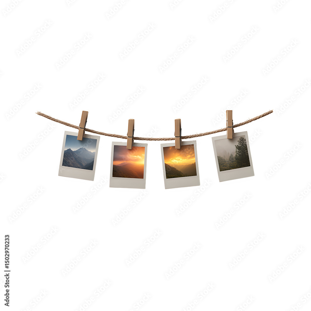 Poster four polaroid-style photos clipped to a twine string with wooden clothespins isolated on a transpare