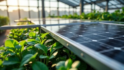 Fototapeta premium Close-up Agrivoltaics Sunlight on Solar Panels Above Lush Greenhouse Plants