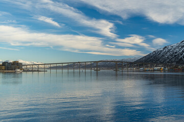 Tromsø, Troms, Norway - 26 February 2025 - View of the Nordic town of Tromsø with the Tromsø Bridge