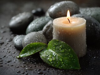 Ruhige Zen-Atmosphäre: Creme-Kerze mit Tautropfen auf Steinen