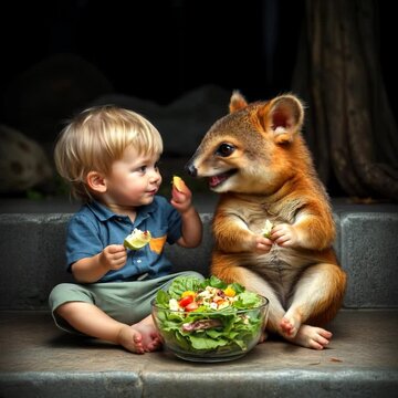Cute little boy sharing his salad with a Australian wombat Ai