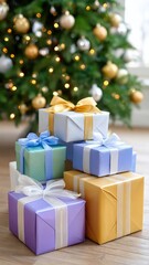 Pile of Beautifully Wrapped Christmas Presents in Pastel Colors Under a Decorated Tree