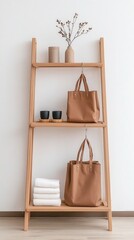 Wooden Ladder Shelf with Towels and Bags