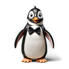 Adorable penguin cartoon character, dressed in a stylish bow tie, stands against a black background.  Perfect for children's books or animation.