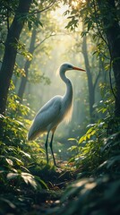 A serene image of a white egret standing on a moss-covered log in a lush, green forest with sunlight filtering through the foliage.
