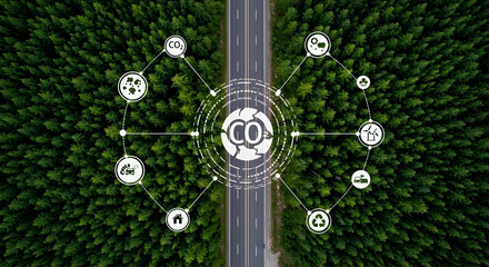 A visual representation of environmental conservation with road going through green forest with emission symbol. The forest is lush green and the road is gray, with an animated symbol in the middle.