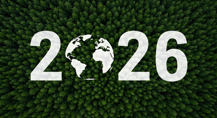 the year 2026 concept with the earth over lush green trees, symbolizing environmental awareness and future planning