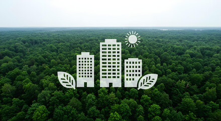 Eco-friendly buildings in a lush green forest.  The image features three buildings amidst a vast expanse of trees, symbolizing sustainable development