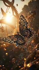 The image features a detailed golden butterfly with intricate patterns, set against a background of a mechanical system with gears and a radiant sun.