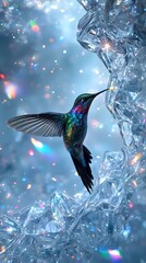 A hummingbird hovers above a crystal-like formation, its iridescent wings outstretched against a softly blurred backdrop of shimmering light and color.