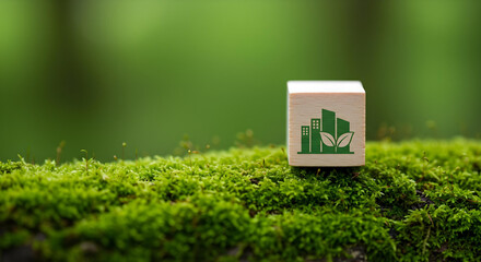 An eco-friendly city design displayed on a wooden block, placed on lush green moss. The design features stylized buildings and a leaf, symbolizing sustainability