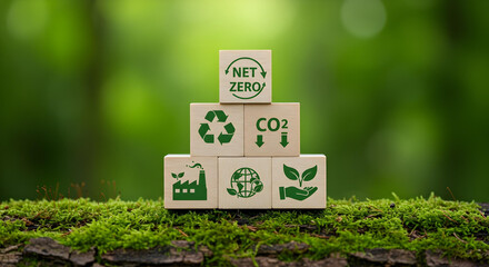 Net Zero wooden blocks arranged, showcasing environmental conservation concepts. The arrangement of the blocks highlights the core concepts.