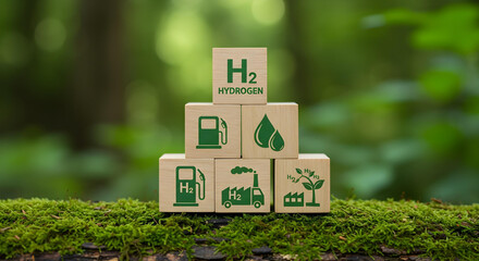 Hydrogen energy with graphic resource in the natural green background. The image includes some wood blocks to show and explain the hydrogen power concepts and goals.
