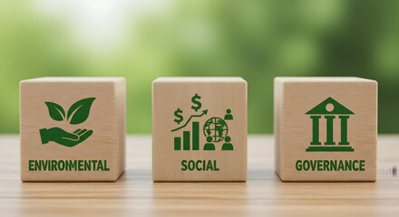Three wooden blocks showing the concept of environmental, social, and governance (ESG)