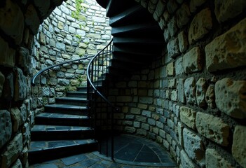 Spiral staircase inside a stone tower with curved brick walls and metal railing
