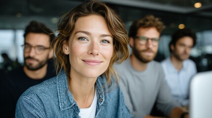 Fototapeta premium multicultural professional businesspeople working together on research plan in boardroom Smiling woman in a modern office setting.