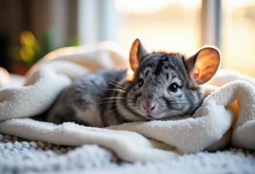 Adorable gray tabby kitten lying on a soft blanket with a cozy indoor background