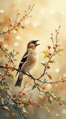 A close-up photograph of a brown and black bird perched on a branch with red berries and green leaves, set against a blurred golden bokeh background.