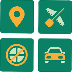 Simplified icons representing travel transportation location and no parking restrictions