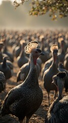 The image captures a flock of turkeys gathered in a natural setting, with one in the foreground exhibiting a distinctive crest and a blurred background of more turkeys.