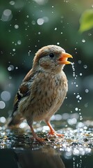 A close-up photo of a small, wet bird with a yellow beak and orange feet standing on a surface with water droplets.