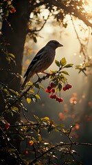 A small bird perches on a branch with red berries and green leaves, bathed in soft sunlight filtering through a tree.