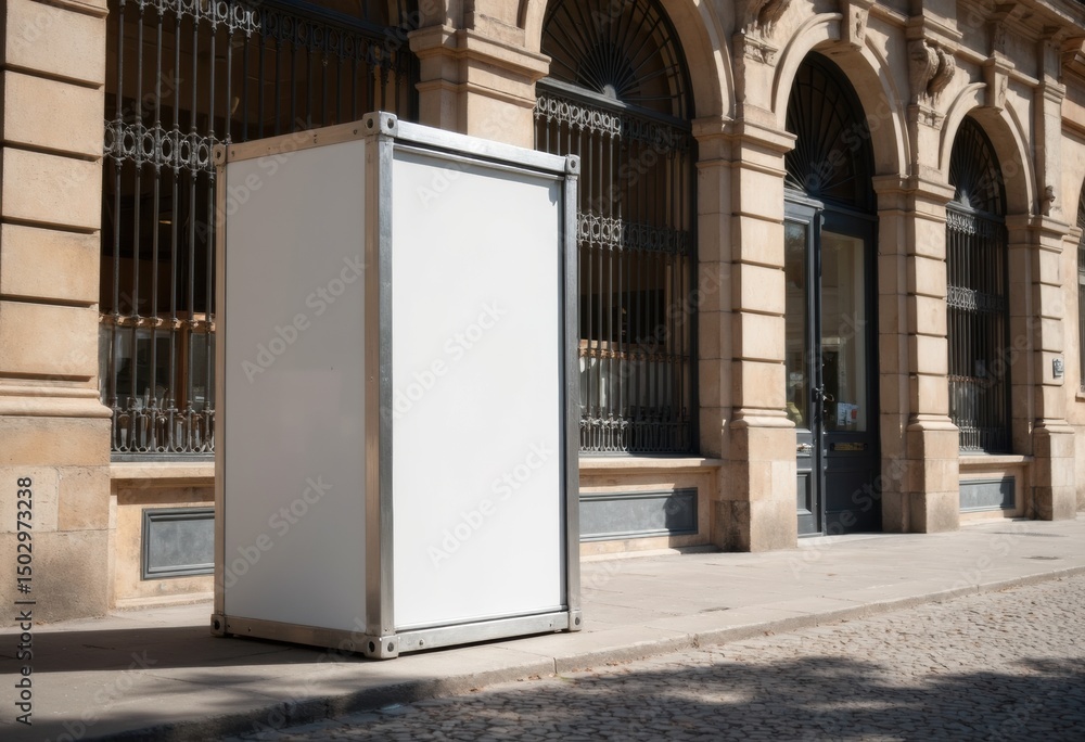 Poster empty mockup display box in an urban setting with a classic architectural backdrop