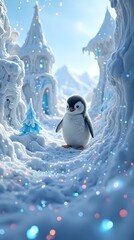 A small penguin is positioned in the center of a snowy, fantastical scene with a snowy castle in the background, which is surrounded by a flurry of snowflakes and a sparkling light effect.
