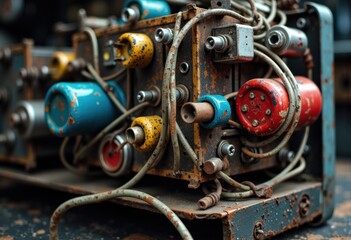 Vintage electronic device with colorful components and tangled wires
