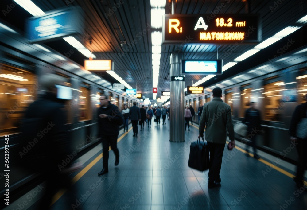 Poster busy subway station with commuters moving through the platform