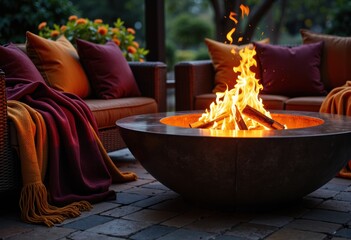 Cozy outdoor seating area with a fire pit and warm blankets