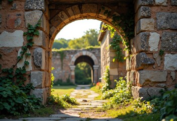Stone archway leading to a lush garden with distant arches and greenery