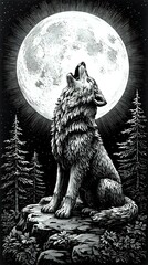 An illustration of a howling wolf sitting on a rock, with a large full moon illuminating the scene and pine trees in the background.