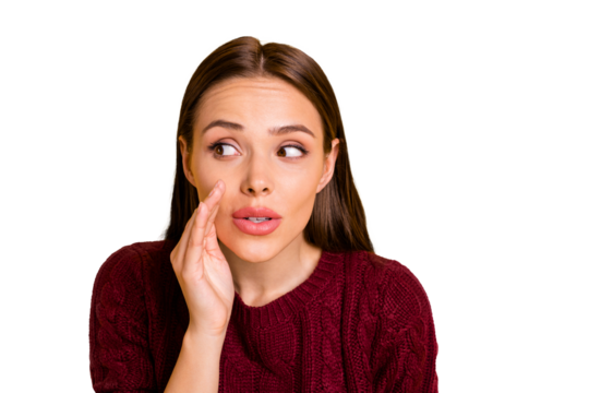 Close up photo of nice cute charming girlfriend whispering secrets to someone while isolated with yellow background