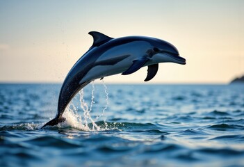 Fototapeta premium A dolphin leaps out of the water during a marine activity at sunset