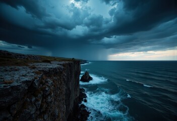 Obraz premium Dramatic seascape with dark clouds and crashing waves at the cliff's edge